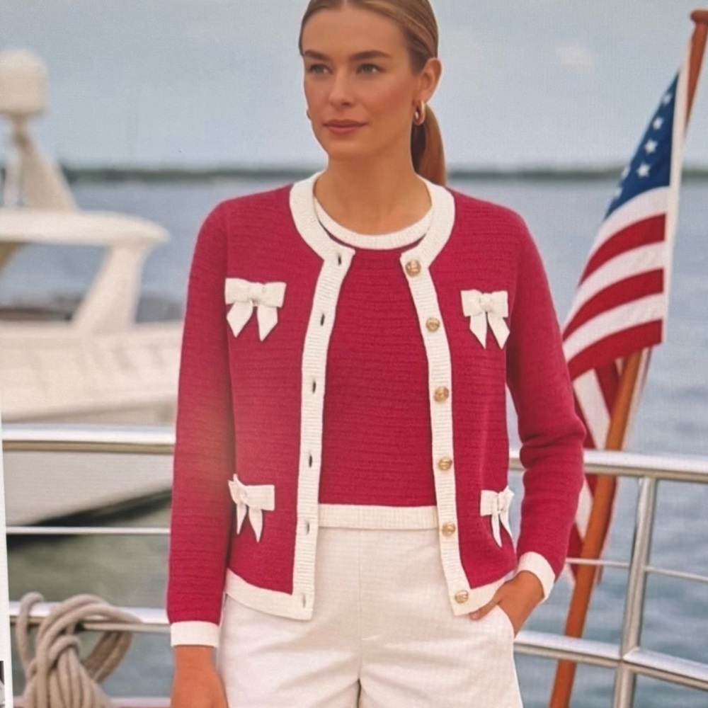 Lilly Pulitzer, NWOT Women’s pink Valeria  Knit Cardigan w/ White trim set sz M